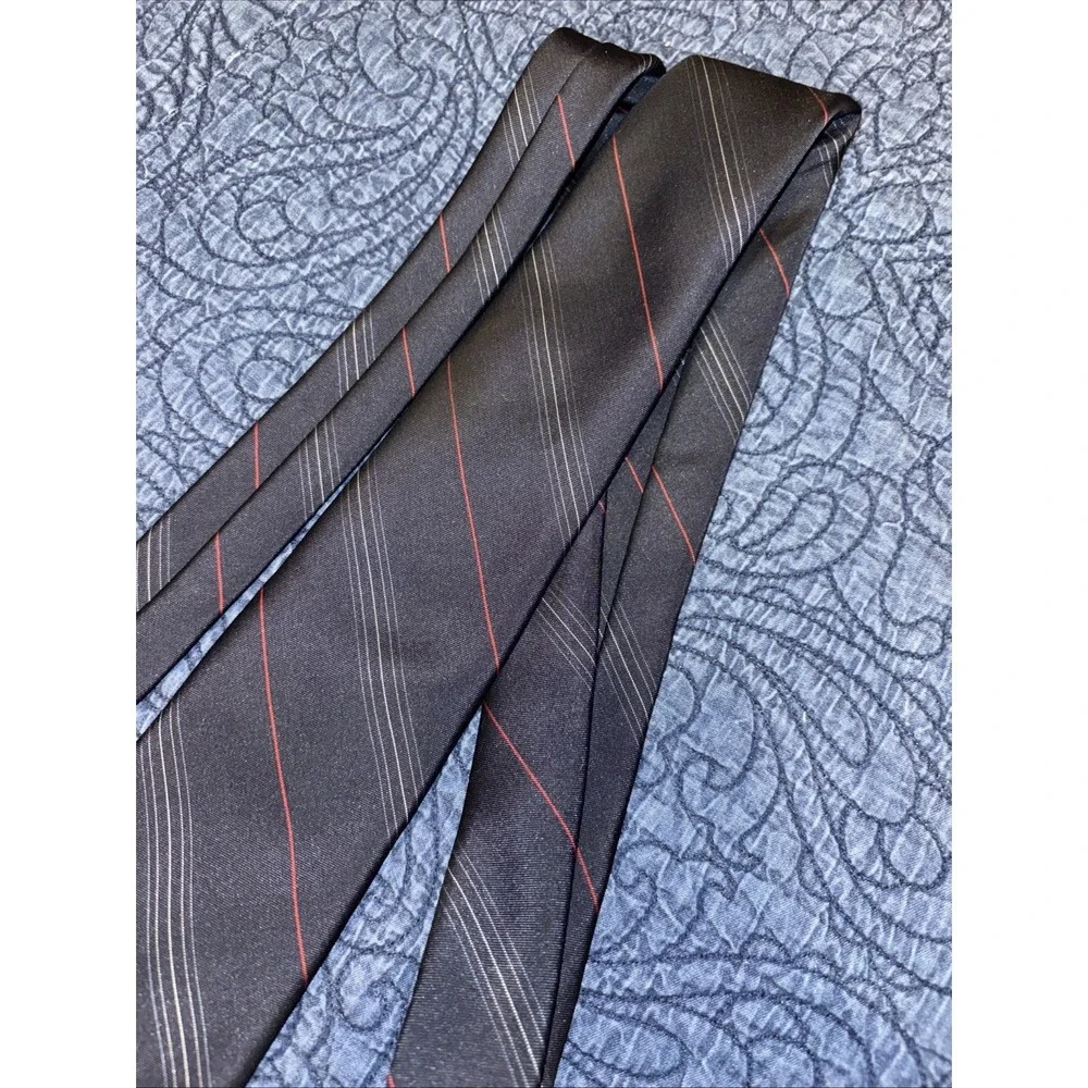 Vtg Christian Dior Striped Tie Logo Black Red Gray Italian Poly / Silk USA Made